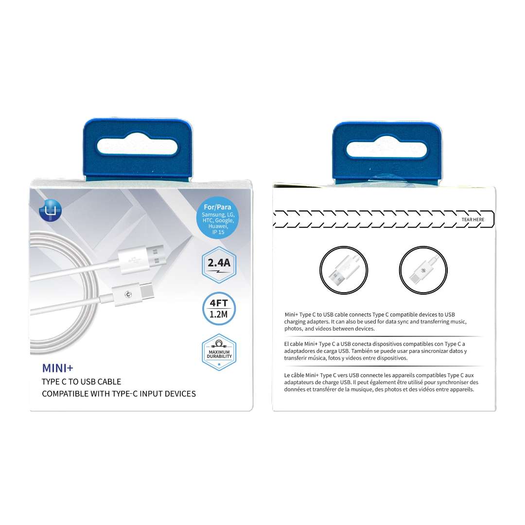 Type C to USB A Cable - 4 FT, White