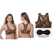 Women's Sports Bras - Brown Print, Sizes M-XL, Removable Pads
