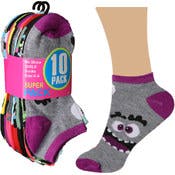 Girls' Ankle Socks - 10 Pack, Monster Face Designs, Size 6-8