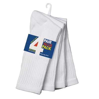 Boy's Crew Socks - 4 Pack, White, Size 9-11