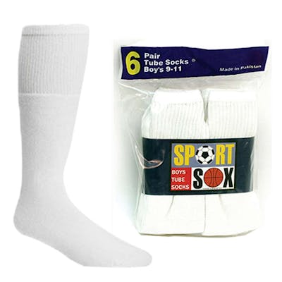 Boy's Tube Socks - 6 Pack, White, Size 9-11
