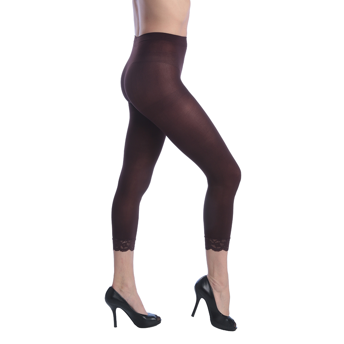 Women's Opaque Control Top Footless Lace Tights - Brown, Queen Size