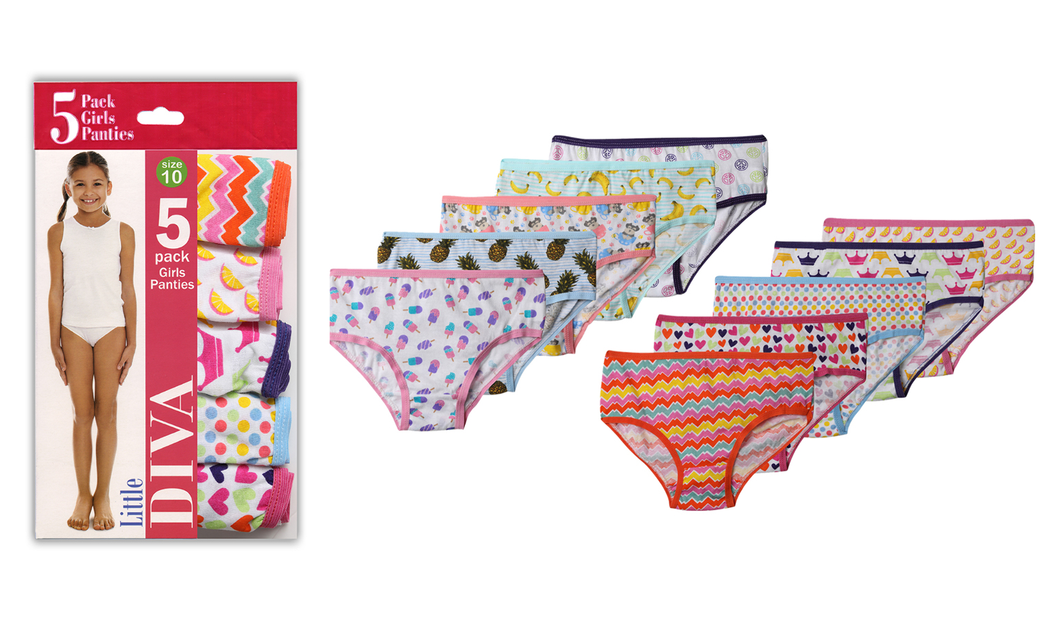 Bulk Girl's Panties - 5 Pack, Little Diva Prints, Size 8 - DollarDays