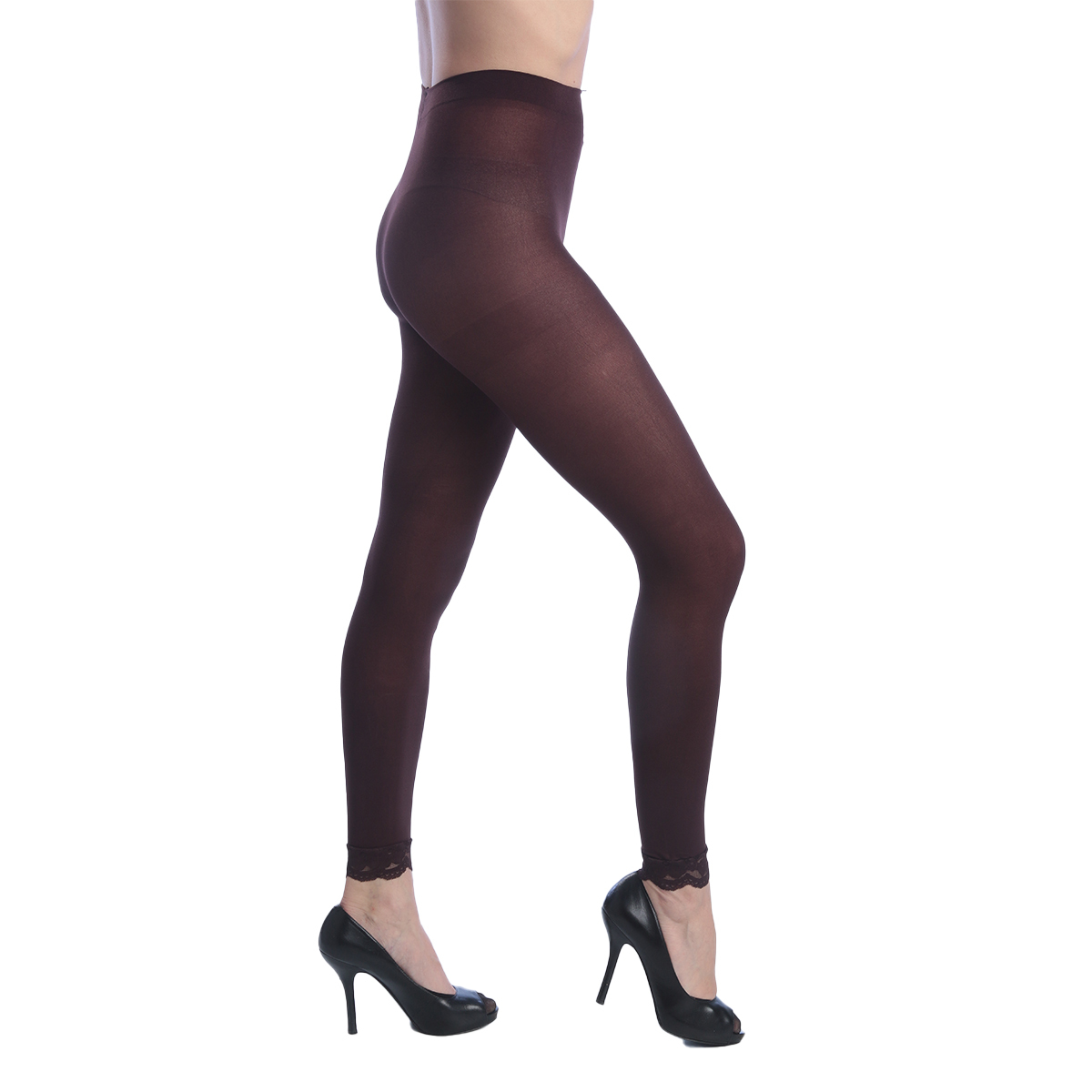 Women's Opaque Control Top Footless Lace Tights - Brown, Queen Size