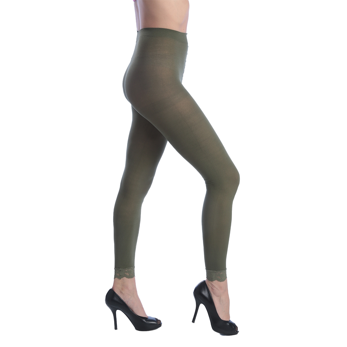 Women's Opaque Control Top Footless Lace Tights - Olive, Queen Size